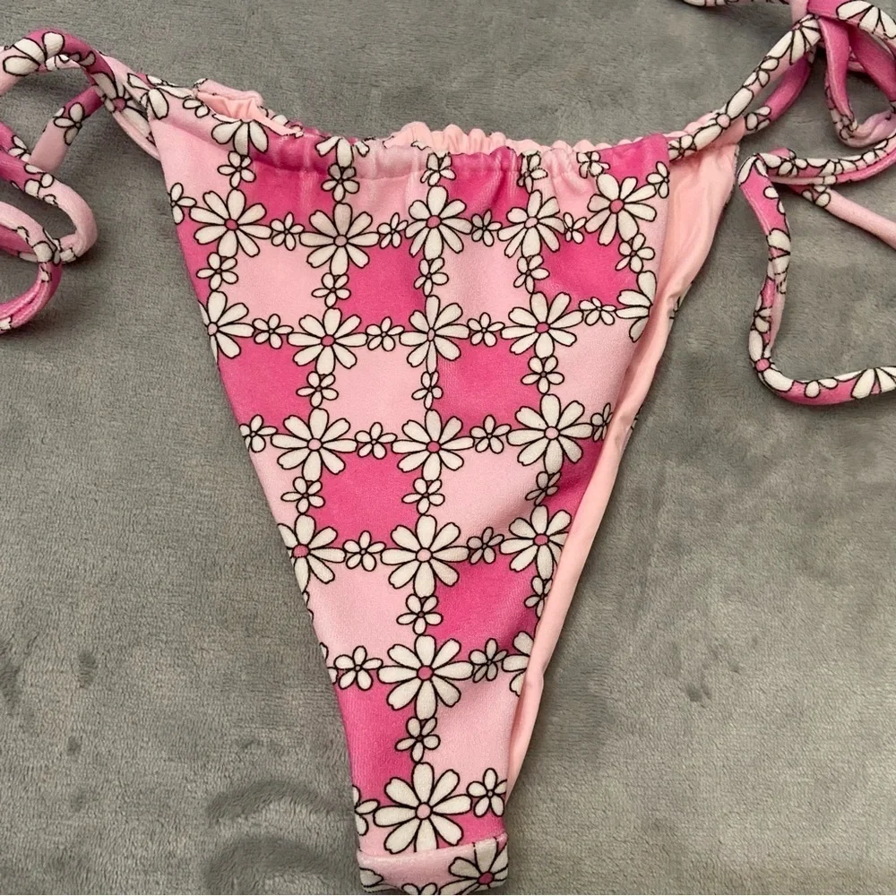 New! Frankie’s bikinis Tia Terry String Bikini Bottom Pink Daisy 24070
